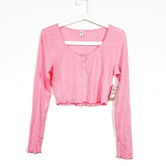 BP. Scoop Neck Long Sleeve Crop Henley In Pink Candy Size Small S - Picture 3 of 8